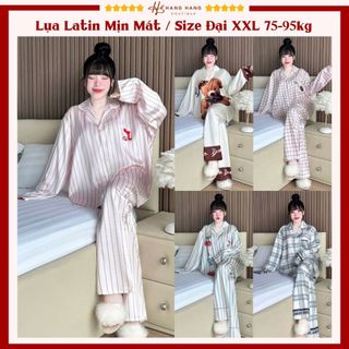 Đồ ngủ nữ bigsize cỡ đại 75-95kg, pijama dài tay dài lụa latin mịn mát 95DD01, đồ bộ nữ đồ mặc nhà dễ thương sang chảnh