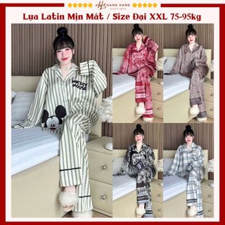 Đồ ngủ nữ bigsize cỡ đại 75-95kg, pijama dài tay dài lụa latin mịn mát 95DD01, đồ bộ nữ đồ mặc nhà dễ thương sang chảnh