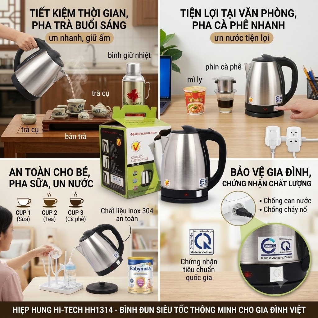 Ấm siêu tốc, ấm đun nước siêu tốc Hiệp Hưng inox 1.8L tự ngắt an toàn đun sôi nhanh