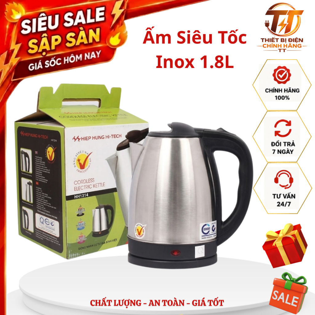 Ấm siêu tốc, ấm đun nước siêu tốc Hiệp Hưng inox 1.8L tự ngắt an toàn đun sôi nhanh