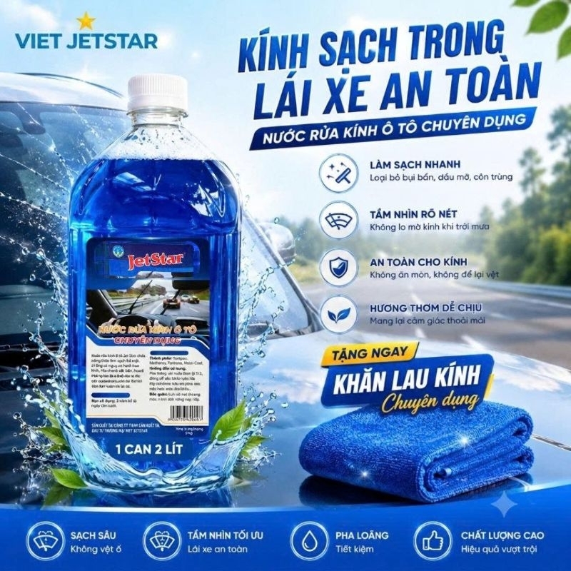 Nước Rửa Kính Ô Tô 1 Can 2L Jetstar – Chống Bám Nước, Hương Thơm Dễ Chịu, Phù Hợp Mọi Dòng Xe