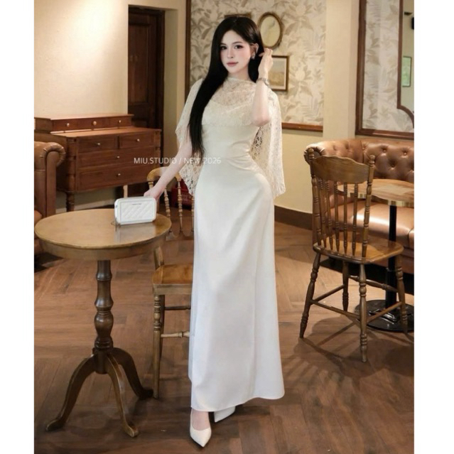 MIU.STUDIO • Đầm dự tiệc dáng dài phối choàng ren hoa cao cấp , Váy lụa 2 dây cup ngực kèm choàng cổ quý phái thanh lịch
