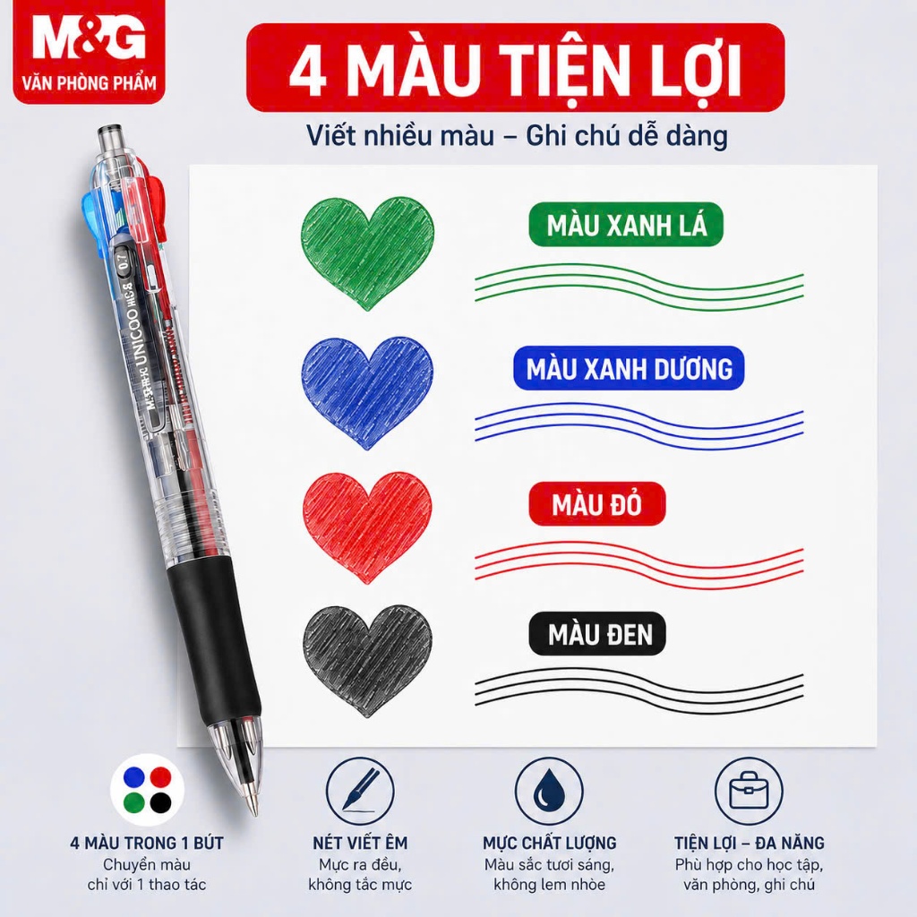Set 6 Bút Bi 4 Màu M&G ABP80371 Ngòi 0.7mm - Viết Êm, Nét Đều, Học Tập & Văn Phòng