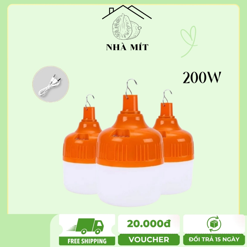 Bóng đèn tích điện công suất 200W, chống nước, sạc USB tiện lợi, Dễ Dùng