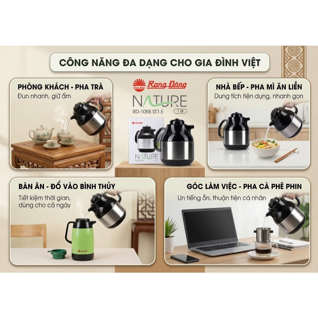 Phích giữ nhiệt, bình thủy Rạng Đông Nature 1L giữ nóng pha trà cà phê gia đình