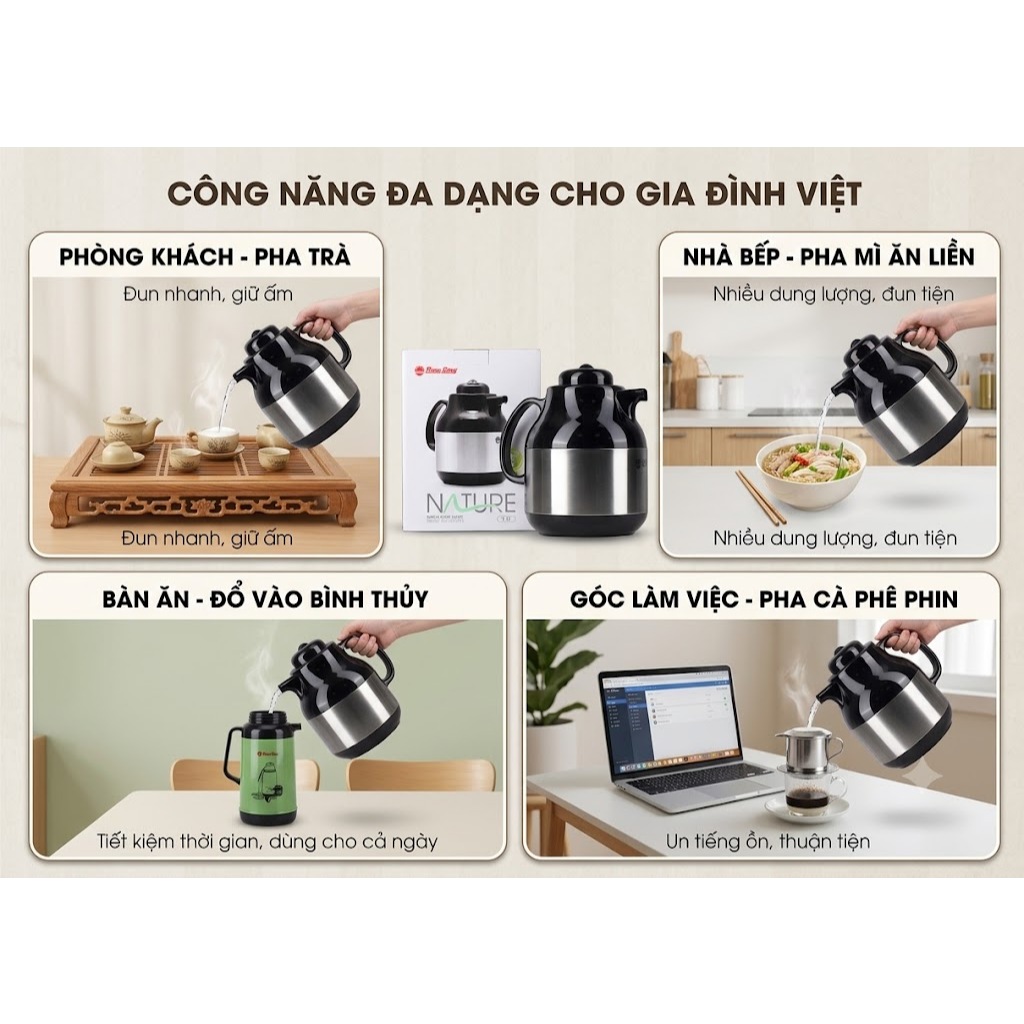 Phích giữ nhiệt, bình thủy Rạng Đông Nature 1L giữ nóng pha trà cà phê gia đình