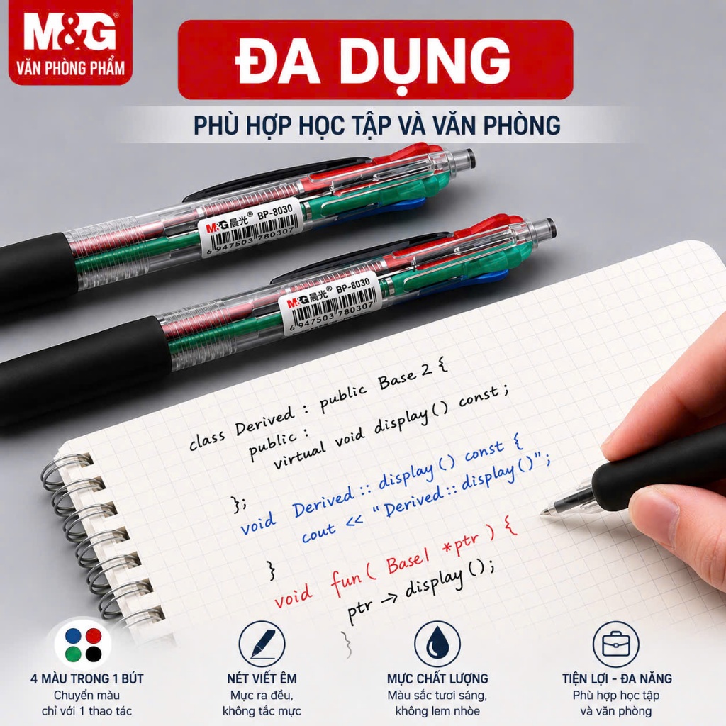 Set 6 Bút Bi 4 Màu M&G ABP80371 Ngòi 0.7mm - Viết Êm, Nét Đều, Học Tập & Văn Phòng