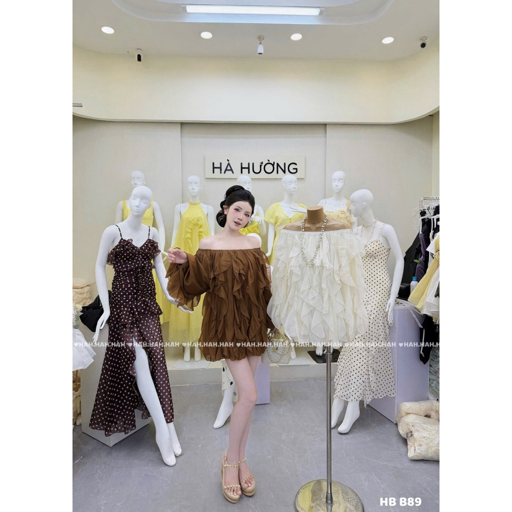 Váy tơ trễ vai bèo dáng xuông rộng xinh xỉu