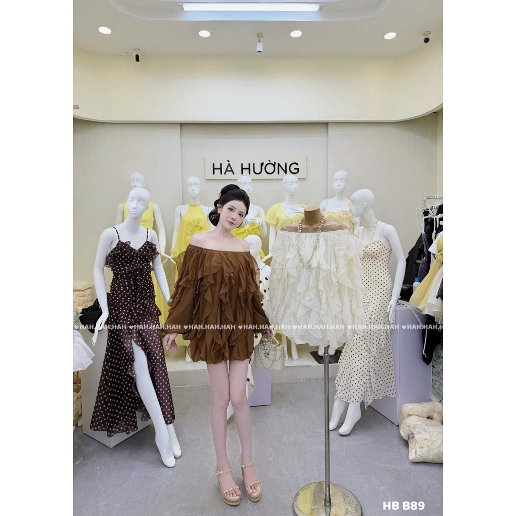 Váy tơ trễ vai bèo dáng xuông rộng xinh xỉu