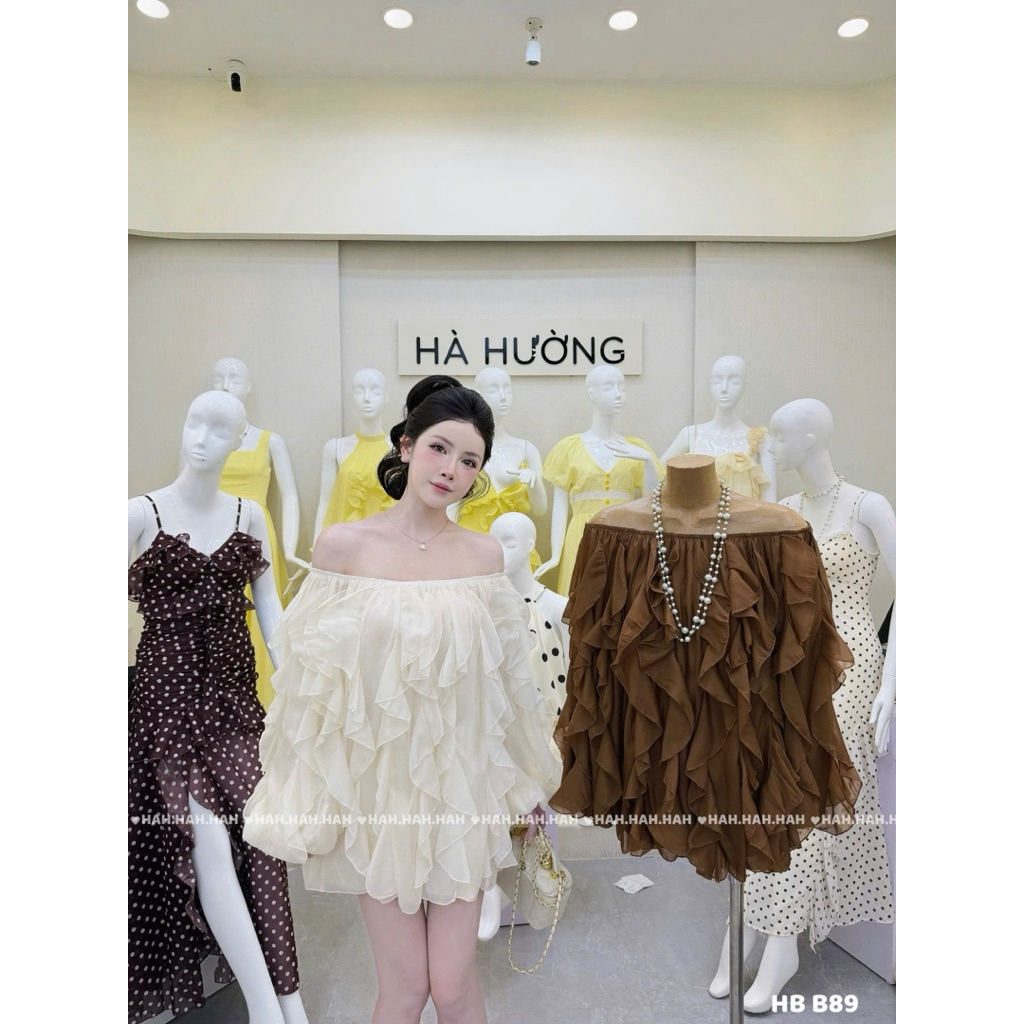 Váy tơ trễ vai bèo dáng xuông rộng xinh xỉu
