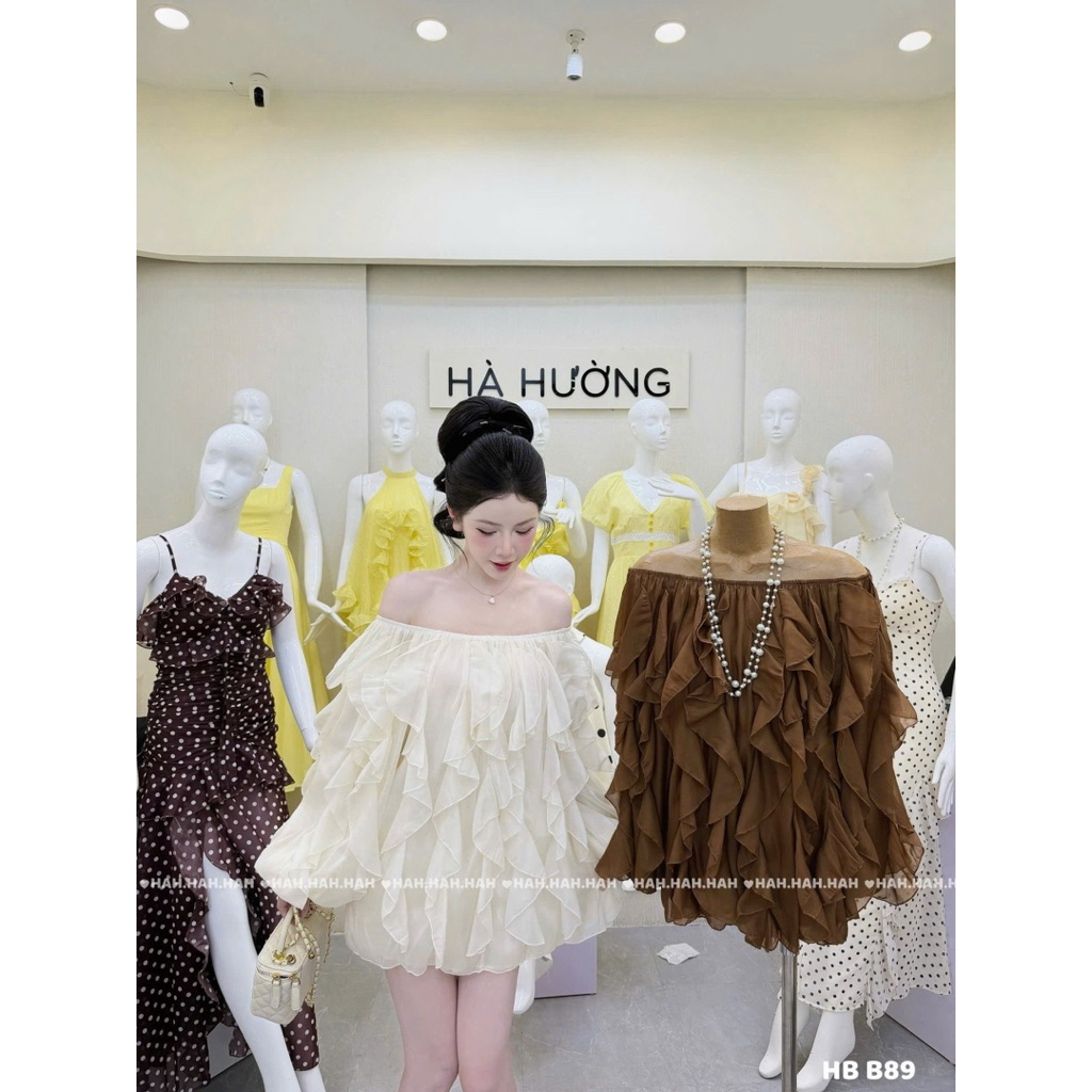 Váy tơ trễ vai bèo dáng xuông rộng xinh xỉu