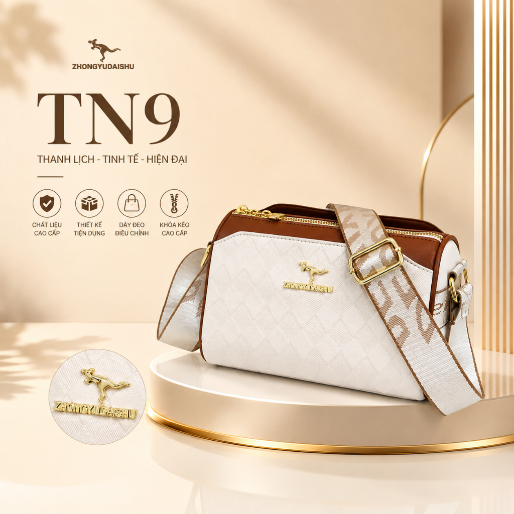 Túi Đeo Chéo Nữ TN19 Da PU Cao Cấp Phối Màu Đen Nâu, Túi Đeo Vai Thời Trang Hàn Quốc Dây Bản To Sang Trọng