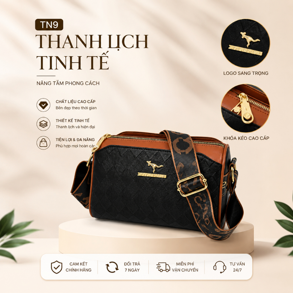 Túi Đeo Chéo Nữ TN19 Da PU Cao Cấp Phối Màu Đen Nâu, Túi Đeo Vai Thời Trang Hàn Quốc Dây Bản To Sang Trọng