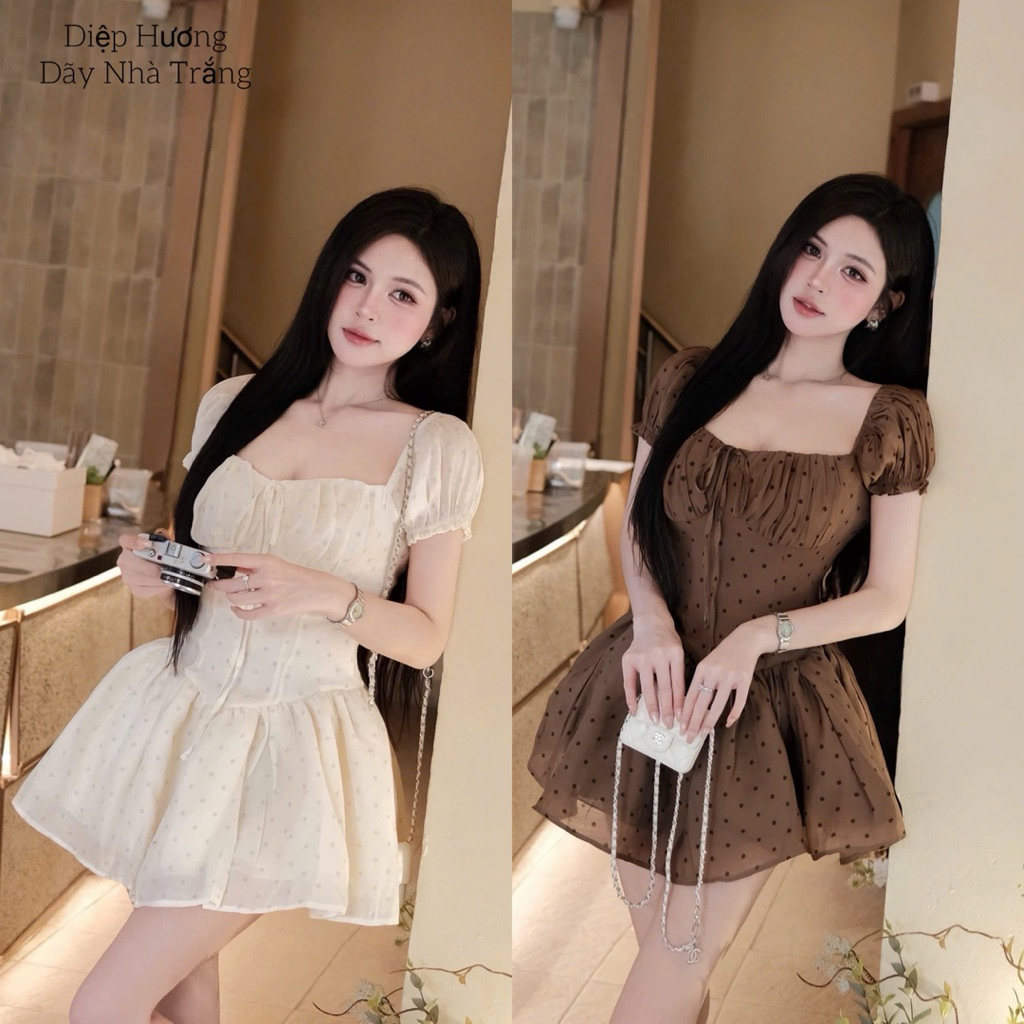 Váy tơ chấm bi tay bồng dáng xòe