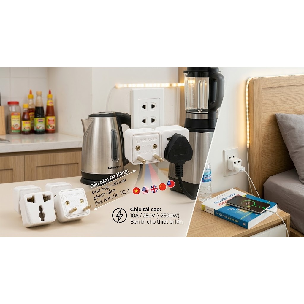 Phích cắm chuyển đổi, đầu chuyển ổ cắm điện VINA KIP 3 chấu sang 2 chấu tròn chống cháy