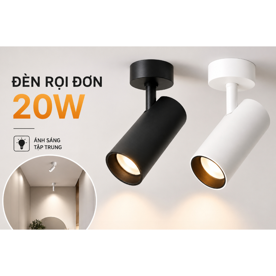 Đèn Ống Bơ Đèn Rọi Đơn 20w gắn tường trần ốp nổi xoay 360° đèn chiếu điểm đèn soi tranh