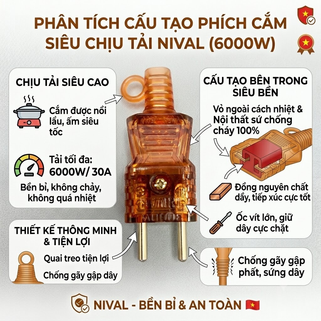 Phích cắm điện, đầu cắm điện Nival 3000W chống cháy chịu tải cao chịu nhiệt