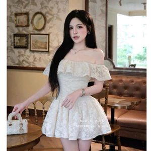MIU.STUDIO • Váy trễ vai ren hoa dáng xoè công chúa có mút ngực, Đầm xoè hở vai phối viền bèo mặc đi chơi, tiệc cực xinh