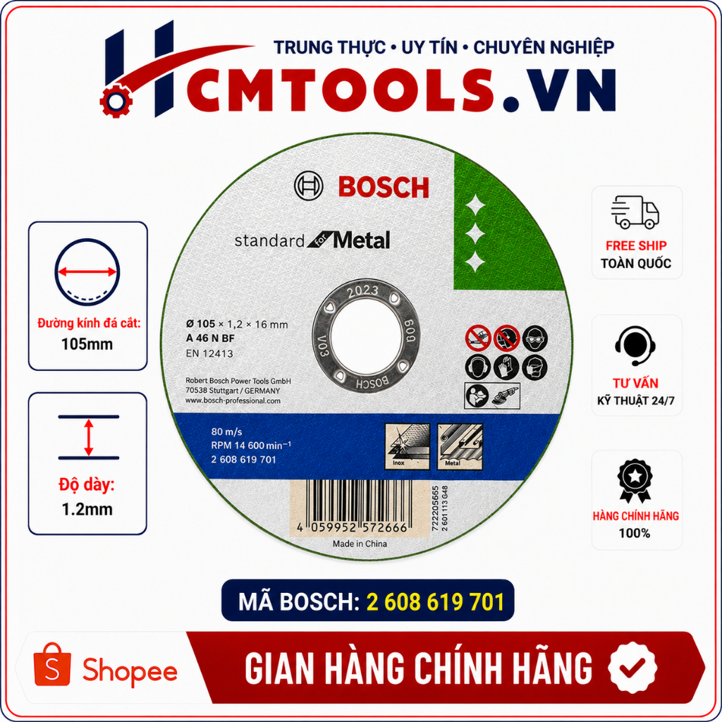 Đá Cắt Bosch 2608619701 Standard for Metal 105x1.2x16mm Chính Hãng