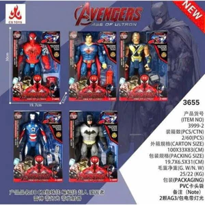 mô hình siêu anh hùng Avengers (kích thước 30cm) với các nhân vật như Người Nhện, Superman, Thor, Iron Man, và Batman.