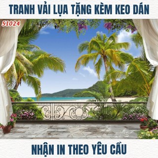 Tranh cửa sổ ban công dán tường, tranh trang trí phòng khách in trên chất liệu vải lụa (shop tặng kèm keo dán)