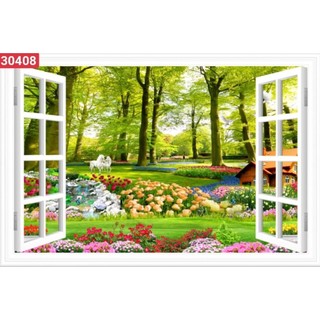 Tranh cửa sổ 3D dán tường in trên chất liệu vải lụa (shop tặng kèm keo dán), tranh dán phòng khách, tranh dán phòng ngủ