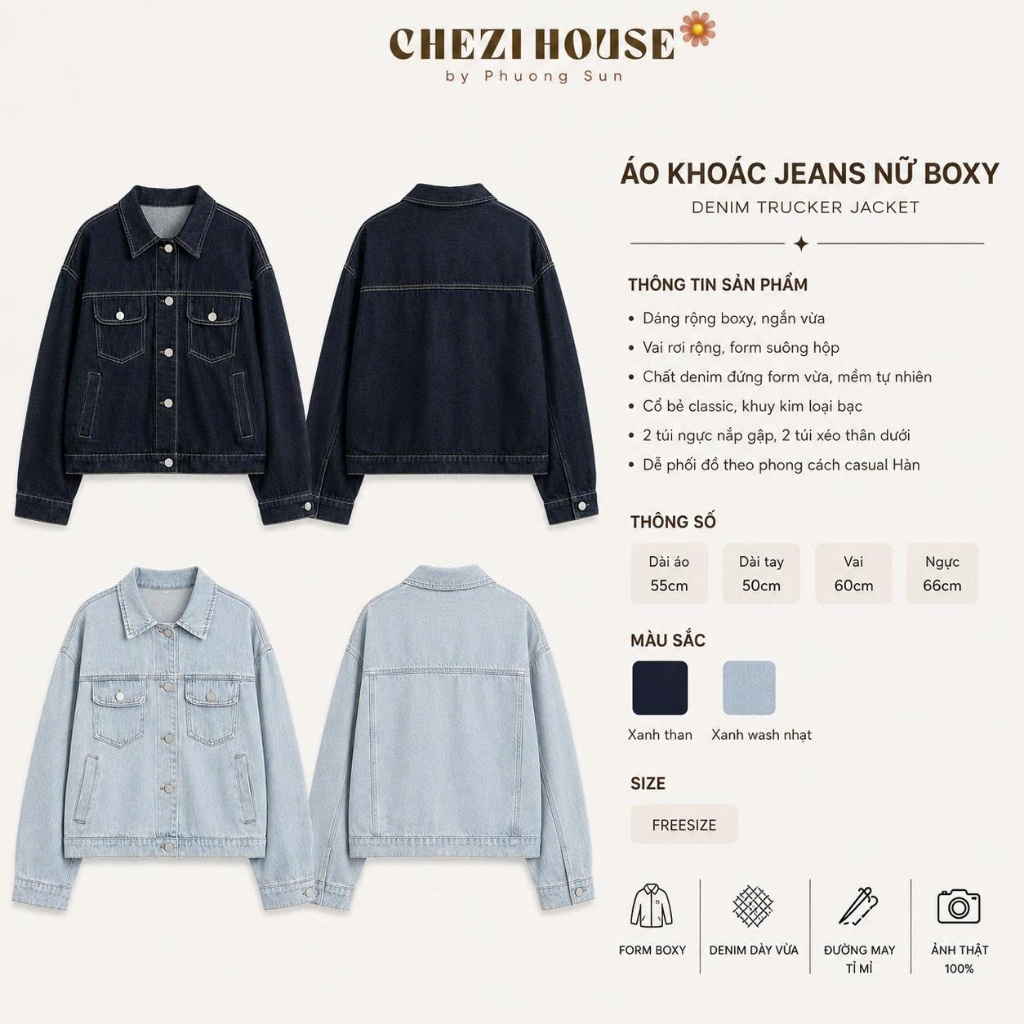 Áo Khoác Jean Nữ Form Boxy Rộng #8529 8530 , Áo Khoác Bò Dáng Ngắn 55cm Màu Xanh Than / Xanh Nhạt Cá Tính CHEZI HOUSE