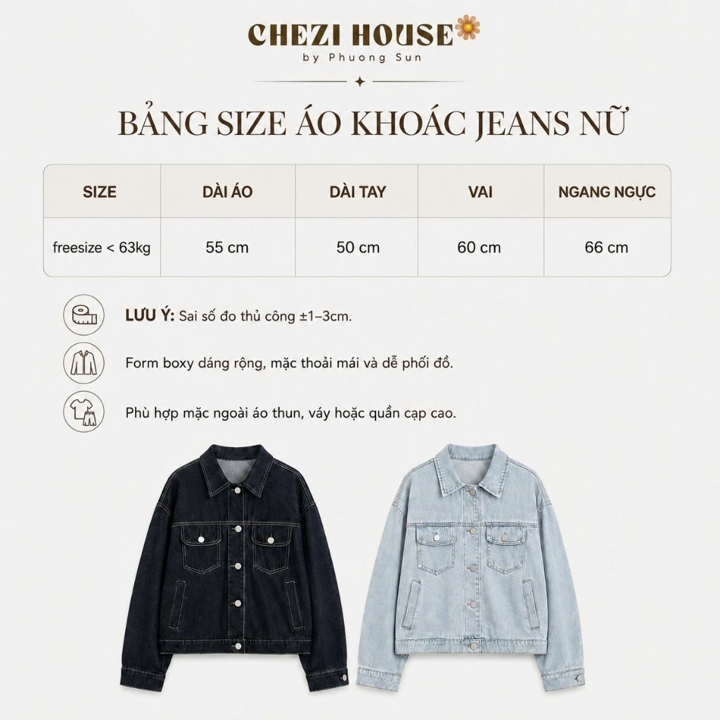 Áo Khoác Jean Nữ Form Boxy Rộng #8529 8530 , Áo Khoác Bò Dáng Ngắn 55cm Màu Xanh Than / Xanh Nhạt Cá Tính CHEZI HOUSE
