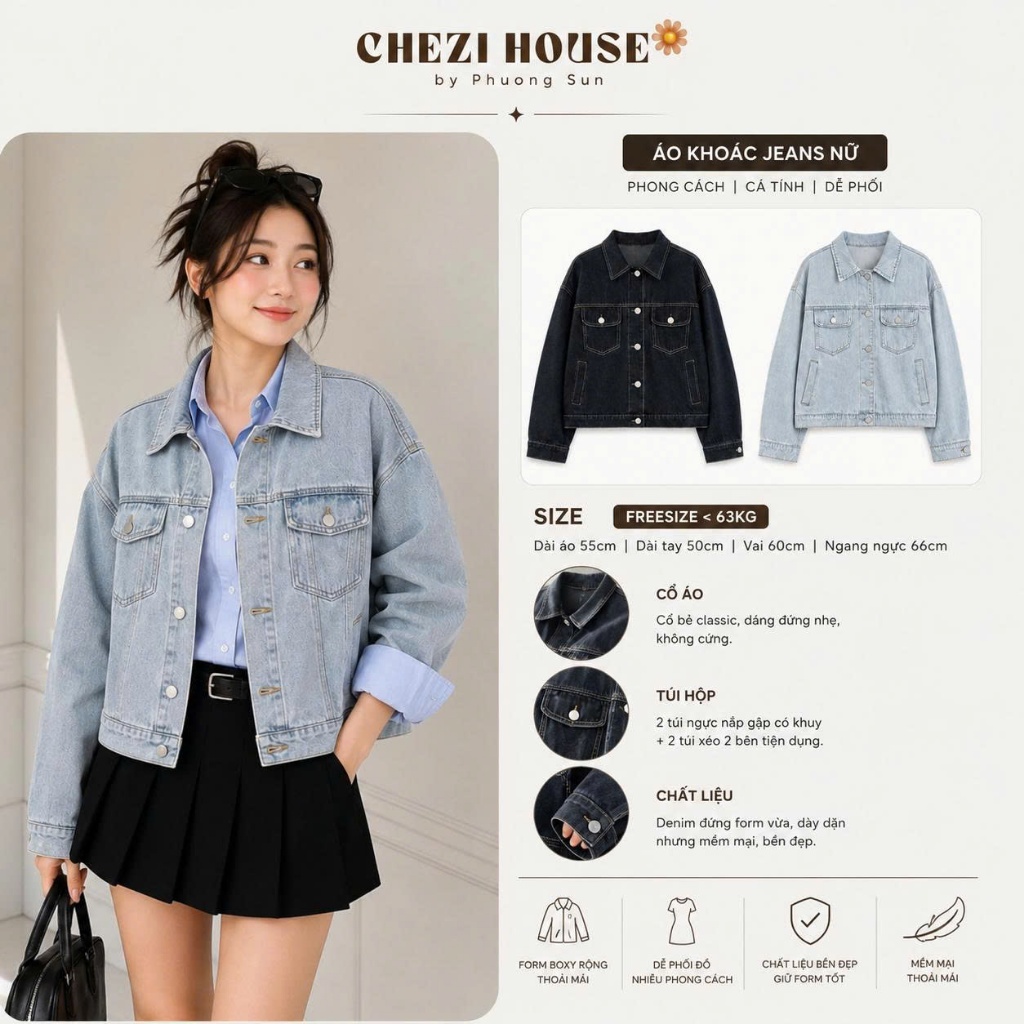 Áo Khoác Jean Nữ Form Boxy Rộng #8529 8530 , Áo Khoác Bò Dáng Ngắn 55cm Màu Xanh Than / Xanh Nhạt Cá Tính CHEZI HOUSE