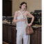 Set Áo linen cổ yếm xoắn ngực cách điệu kèm quần dài ống suông màu trắng thanh lịch mặc đi chơi,đi làm,đi tiệc