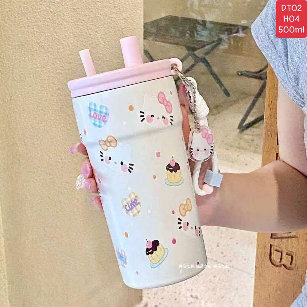 Ly Giữ Nhiệt 500ml Kèm Ống Hút Dây Đeo Cốc Uống Nước In Họa Tiết Dễ Thương