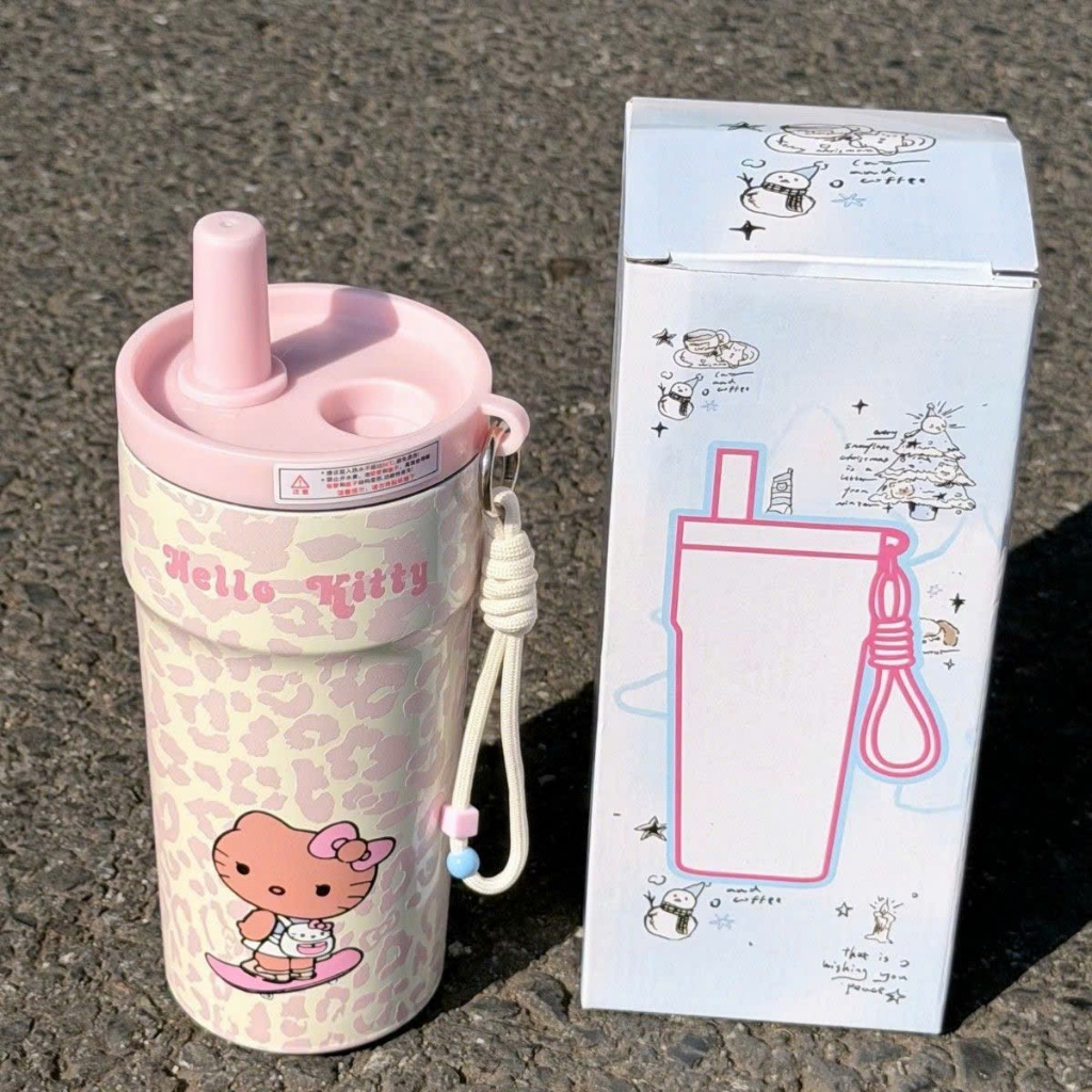 Ly Giữ Nhiệt 500ml Kèm Ống Hút Dây Đeo Cốc Uống Nước In Họa Tiết Dễ Thương