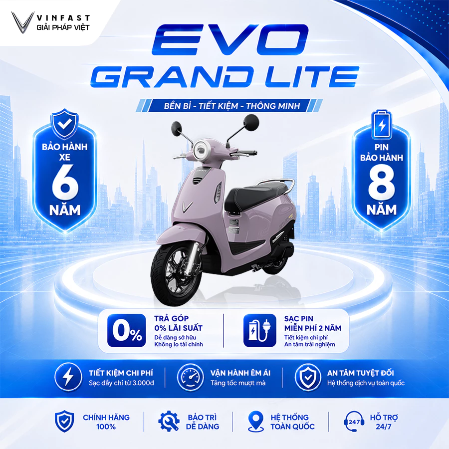 Sản phẩm Xe Máy Điện VinFast Evo Grand Lite – Trải Nghiệm Pin LFP Đỉnh Cao, Không Cần GPLX