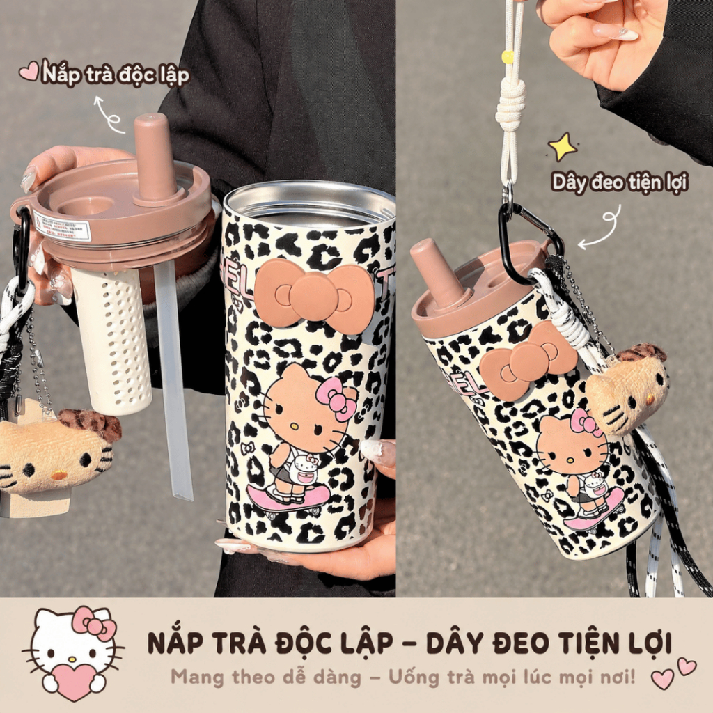 Ly Giữ Nhiệt 500ml Kèm Ống Hút Dây Đeo Cốc Uống Nước In Họa Tiết Dễ Thương