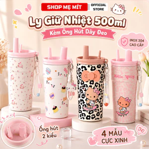 Ly Giữ Nhiệt 500ml Kèm Ống Hút Dây Đeo Cốc Uống Nước In Họa Tiết Dễ Thương