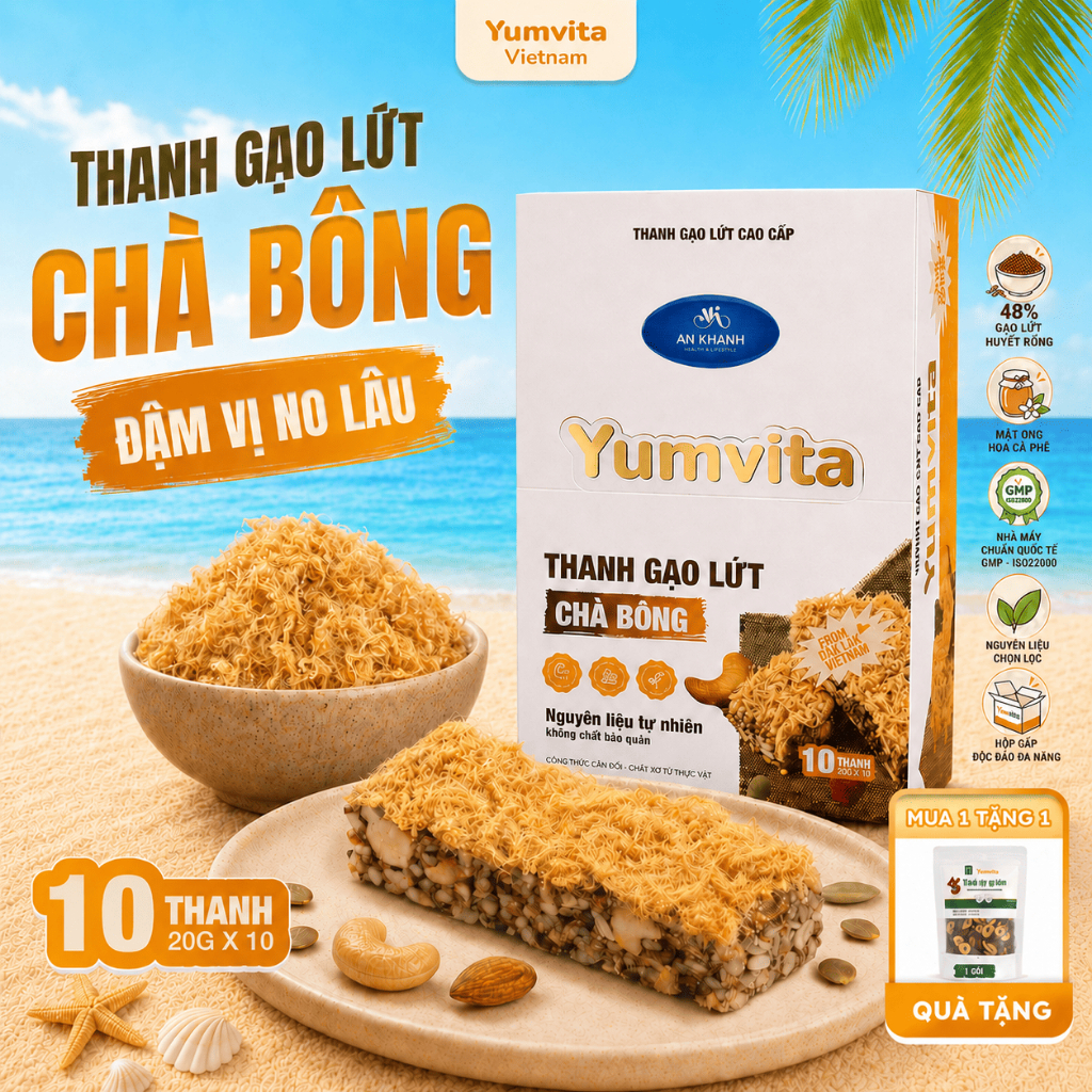 Thanh Gạo Lứt Năng Lượng Vị Chà Bông Yumvita - Hộp 10 Thanh 200g Siêu Hạt Ăn Kiêng Lành Mạnh
