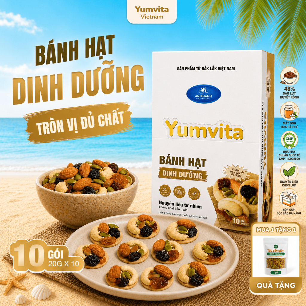 [MUA 1 TẶNG 1] Bánh Hạt Dinh Dưỡng Yumvita - 200gr Kết hợp 5 loại hạt và trái cây đến từ Đắk Lắk
