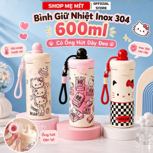Bình Giữ Nhiệt Inox 304 600ml Có Ống Hút Dây Đeo Bình Nước Dễ Thương Cho Nữ