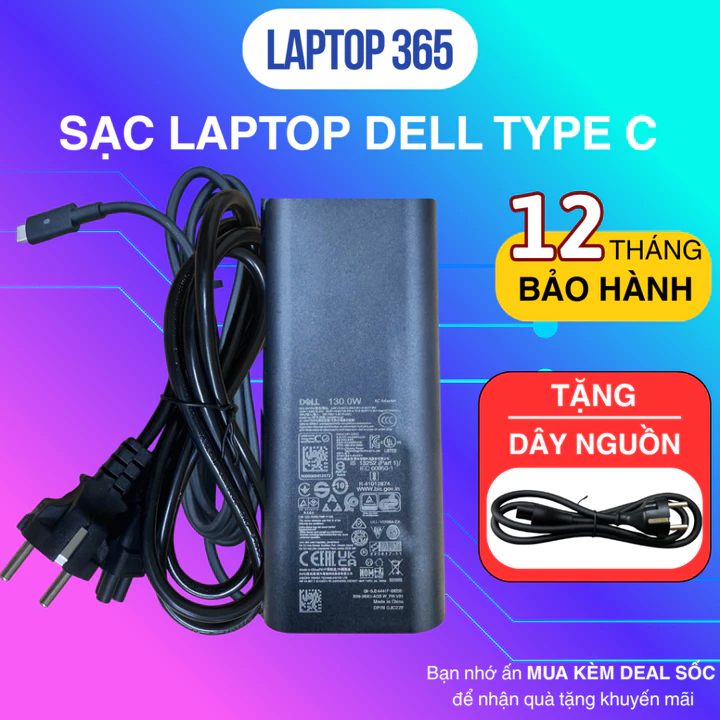 Sạc Laptop Dell Chân Type C 65W 90W 130W, Sạc Dell Latitude, Sạc Dell XPS 13 9350, 9360, 9370, 9380 Precision 5550, 5560