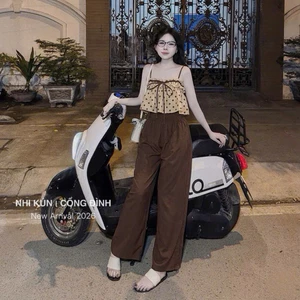 Set Đồ Nữ Áo Hai Dây Chấm Bi Bèo Nhún + Quần Dài Suông Nâu, Set Bộ Nữ Tiểu Thư Dịu Dàng