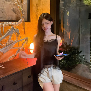 (Free size <55kg) Áo lụa 2 dây vạt chéo phối ren FORM NGẮN- Pearla.studio