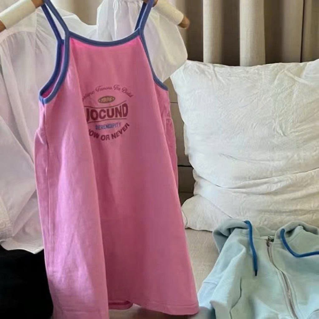 (Order) Váy 2 dây mảnh vải thun mỏng co dãn dáng ôm hoạ tiết chữ mùa hè dành cho bé gái từ 9-22kg