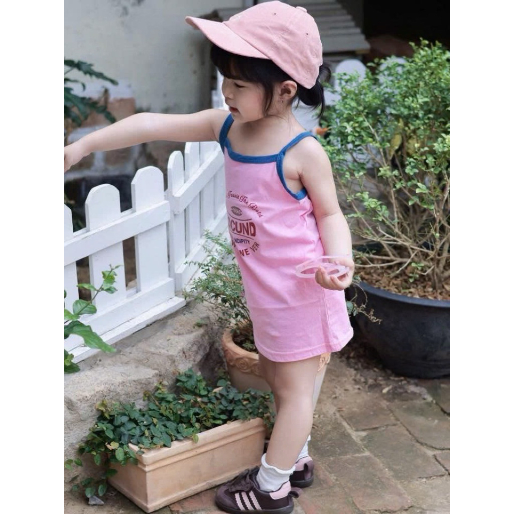 (Order) Váy 2 dây mảnh vải thun mỏng co dãn dáng ôm hoạ tiết chữ mùa hè dành cho bé gái từ 9-22kg