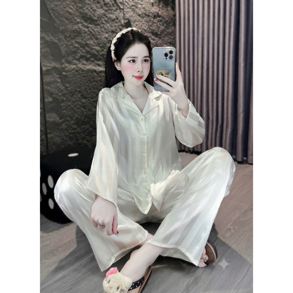 [40-60kg] Bộ Đồ Mặc Nhà Pijama Lụa Gấm Dài Tay, Bộ Ngủ Nữ Thời Trang Dáng Rộng Thoải Mái DD01