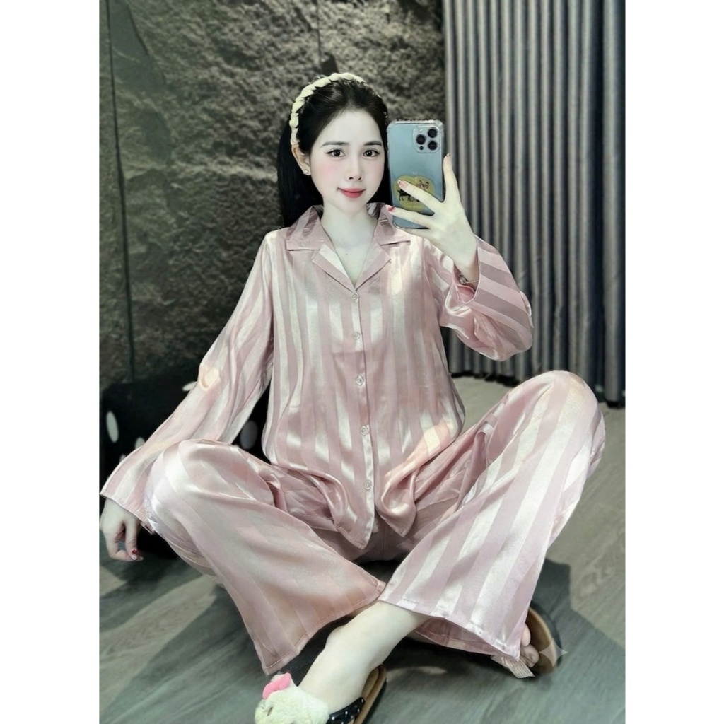 [40-60kg] Bộ Đồ Mặc Nhà Pijama Lụa Gấm Dài Tay, Bộ Ngủ Nữ Thời Trang Dáng Rộng Thoải Mái DD01