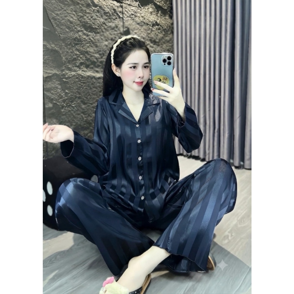 [40-60kg] Bộ Đồ Mặc Nhà Pijama Lụa Gấm Dài Tay, Bộ Ngủ Nữ Thời Trang Dáng Rộng Thoải Mái DD01