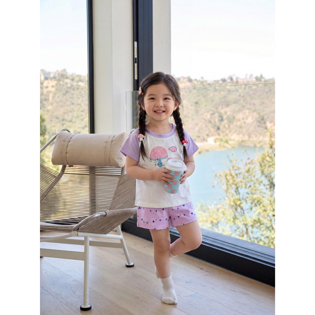 Set bộ cộc tay bé gái Miniumbaby hoạ tiết nấm cừu cute, chất vải cotton mềm mại, bé 1-6 tuổi SB2766