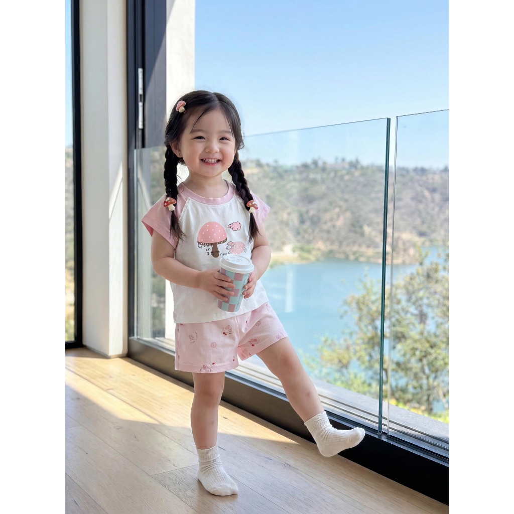 Set bộ cộc tay bé gái Miniumbaby hoạ tiết nấm cừu cute, chất vải cotton mềm mại, bé 1-6 tuổi SB2766