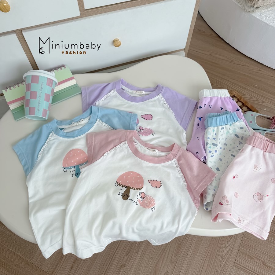 Set bộ cộc tay bé gái Miniumbaby hoạ tiết nấm cừu cute, chất vải cotton mềm mại, bé 1-6 tuổi SB2766