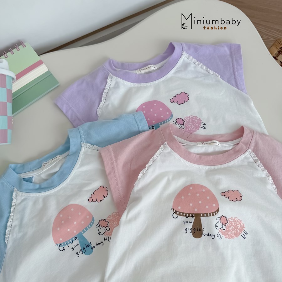 Set bộ cộc tay bé gái Miniumbaby hoạ tiết nấm cừu cute, chất vải cotton mềm mại, bé 1-6 tuổi SB2766